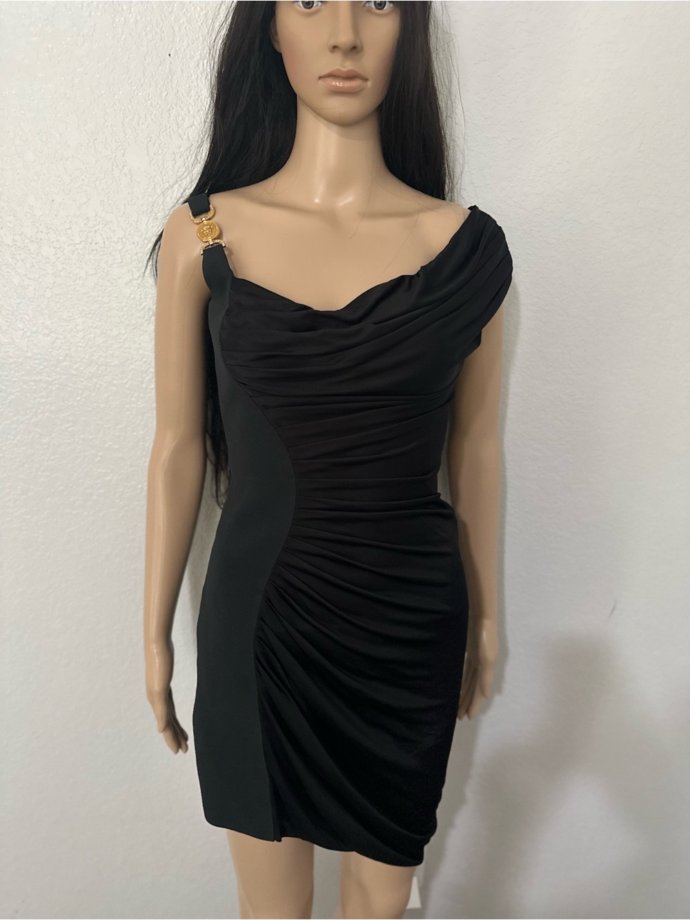 Versace Black One-Shoulder Draped Mini Dress with Gold Accent - Picture 10 of 12